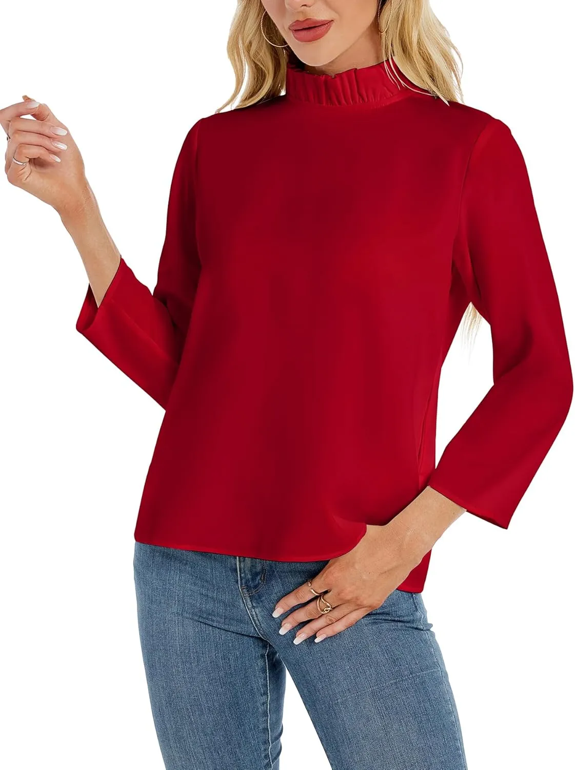 Kedera Women's Ruffle Mock Neck Blouses Top 3/4 Sleeves Elegant Shirt Bow Top with Pockets