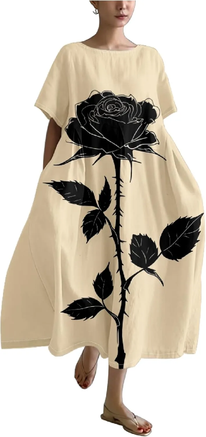 MARSVOVO Summer Casual Dresses Boho Floral Print Short Sleeve Loose Crew Neck Plus Size Party Dresses for Curvy Women