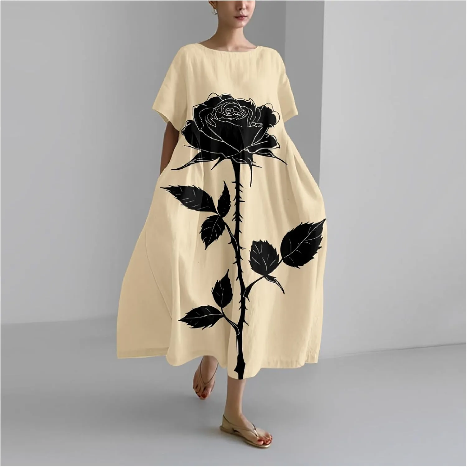 MARSVOVO Summer Casual Dresses Boho Floral Print Short Sleeve Loose Crew Neck Plus Size Party Dresses for Curvy Women