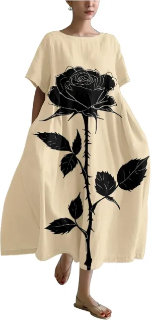 MARSVOVO Summer Casual Dresses Boho Floral Print Short Sleeve Loose Crew Neck Plus Size Party Dresses for Curvy Women
