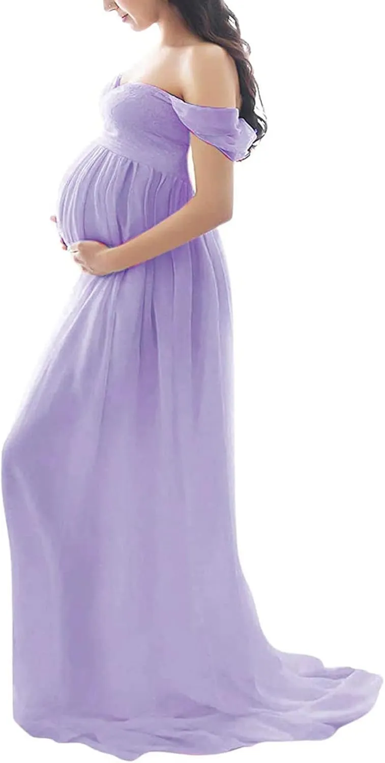 Maternity Floral Lace Dress Off Shoulder Maxi Photography Dress Fancy Pregnancy Gown for Daily Wearing Baby Shower Photoshoot