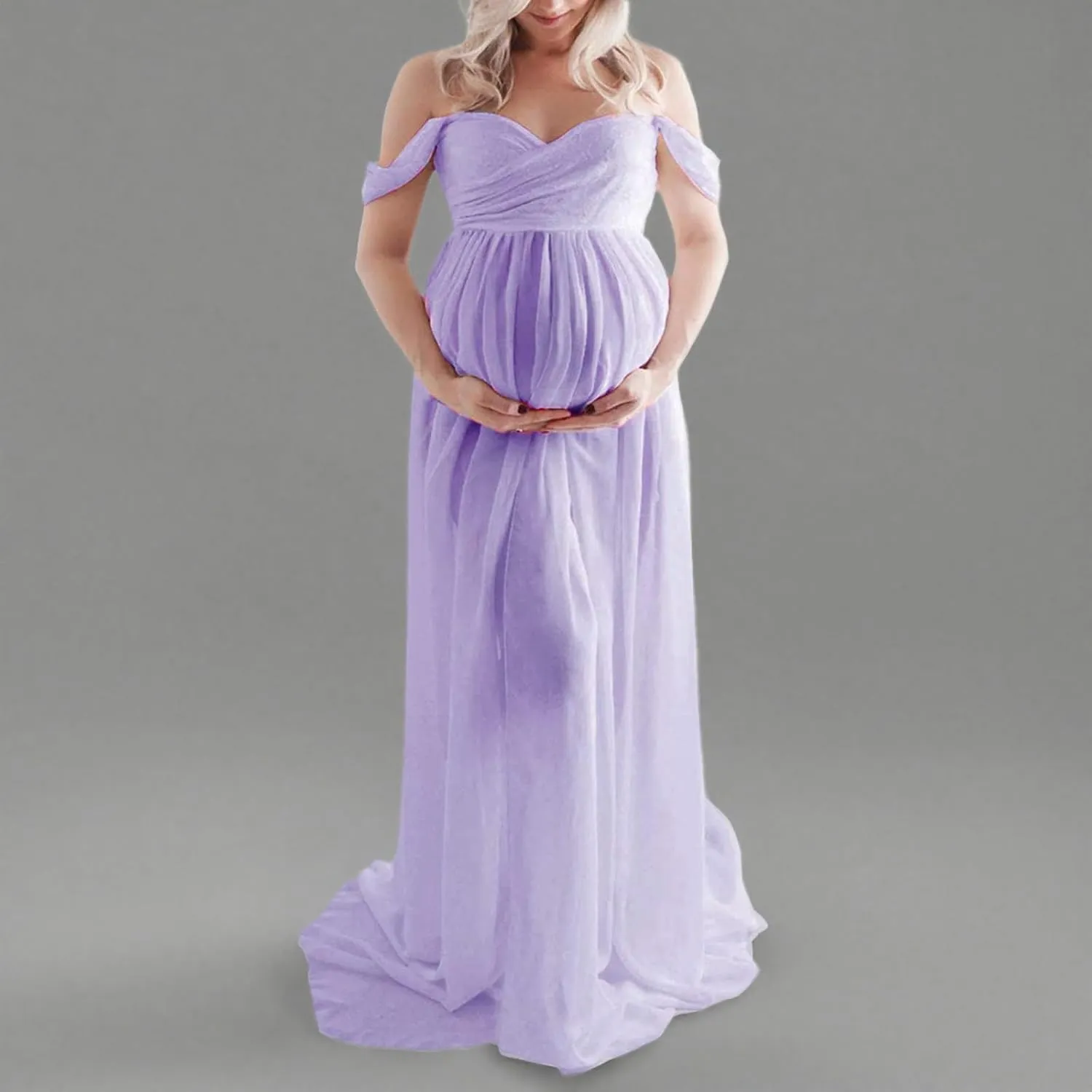 Maternity Floral Lace Dress Off Shoulder Maxi Photography Dress Fancy Pregnancy Gown for Daily Wearing Baby Shower Photoshoot
