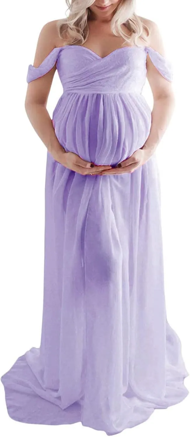 Maternity Floral Lace Dress Off Shoulder Maxi Photography Dress Fancy Pregnancy Gown for Daily Wearing Baby Shower Photoshoot