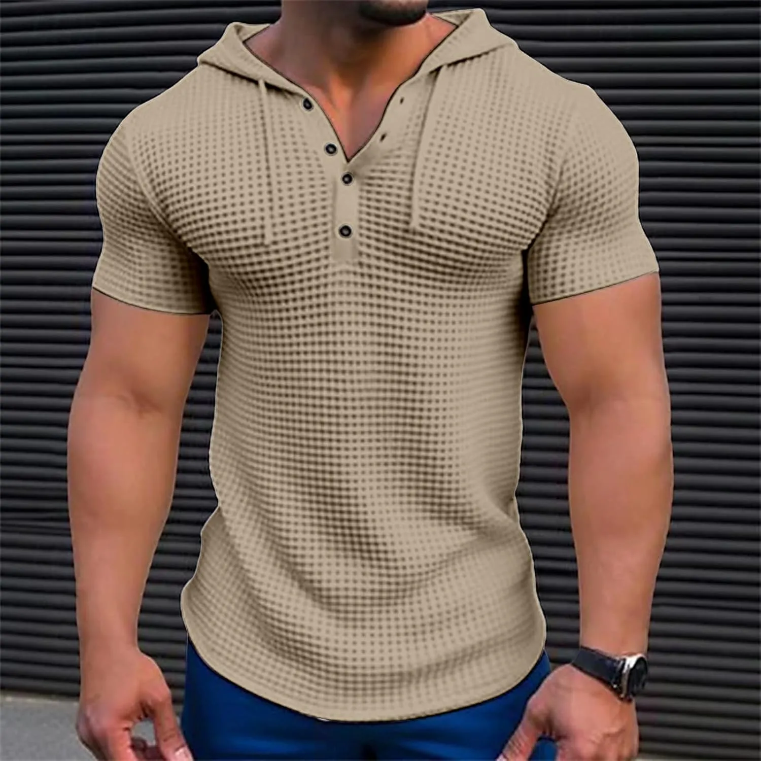 Mens Hoodies Drawstring Waffle Knit Tops Slim Fit Lightweight Summer Hooded Sweatshirt Gym Muscle Fit T Shirts Tshirt