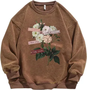 Mens Washed Sweatshirt Round Neck Pullover Vintage Printed Top