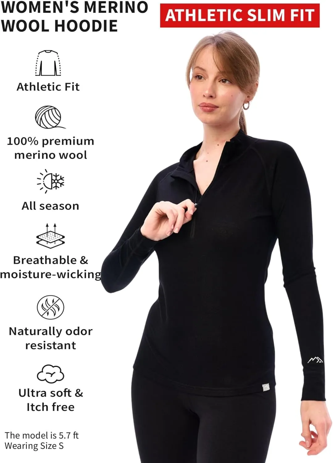 Merino.tech Merino Wool Hoodie Women - Slim Fit 100% Merino Wool Base Layer Women Half Zip Thermal Long Sleeve Shirt & Socks