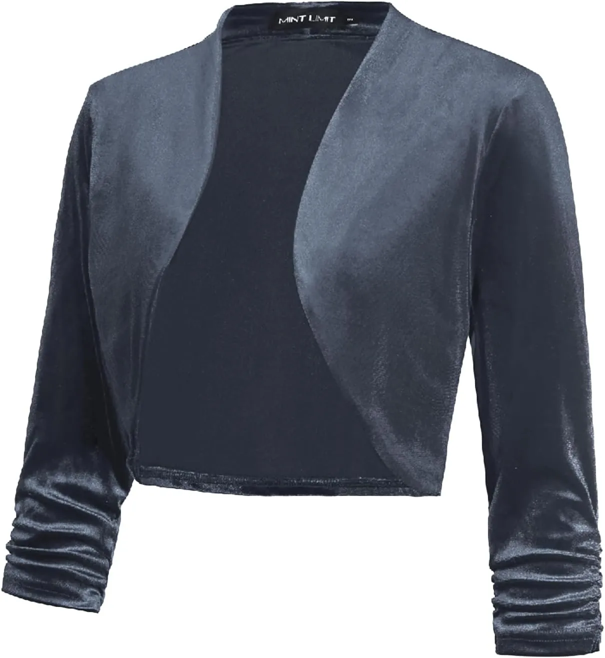 MINTLIMIT Women's Velvet Bolero Shrugs for Dresses Ruched 3/4 Sleeve Open Front Cocktail Party Cropped Cardigan