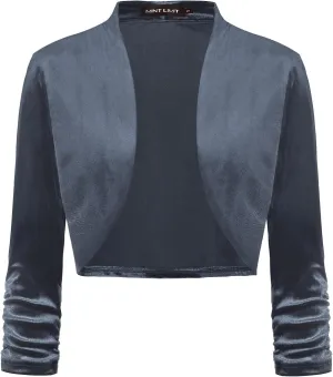 MINTLIMIT Women's Velvet Bolero Shrugs for Dresses Ruched 3/4 Sleeve Open Front Cocktail Party Cropped Cardigan