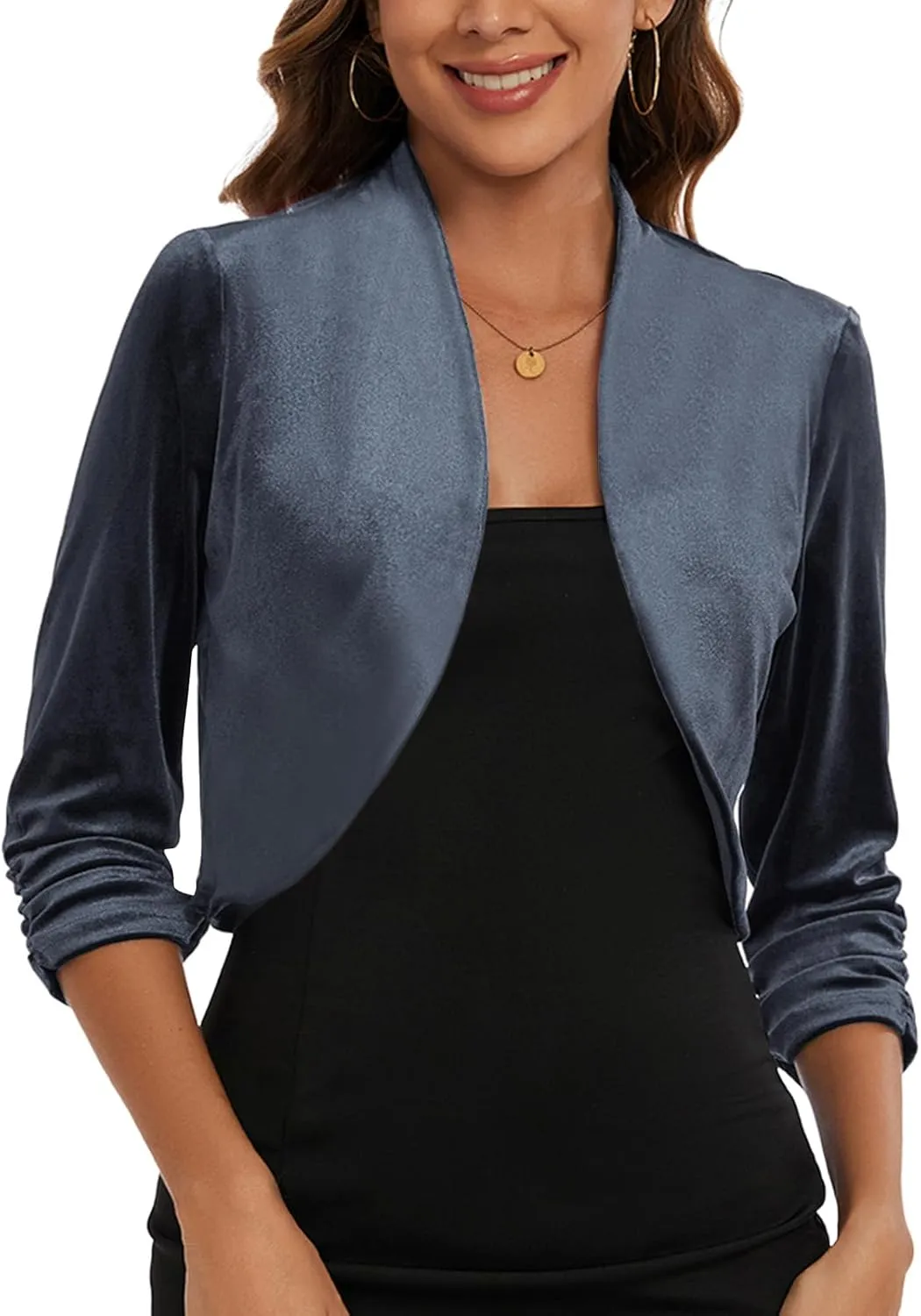 MINTLIMIT Women's Velvet Bolero Shrugs for Dresses Ruched 3/4 Sleeve Open Front Cocktail Party Cropped Cardigan