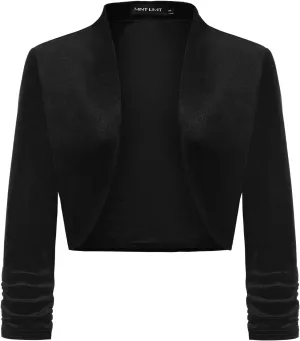 MINTLIMIT Women's Velvet Bolero Shrugs for Dresses Ruched 3/4 Sleeve Open Front Cocktail Party Cropped Cardigan