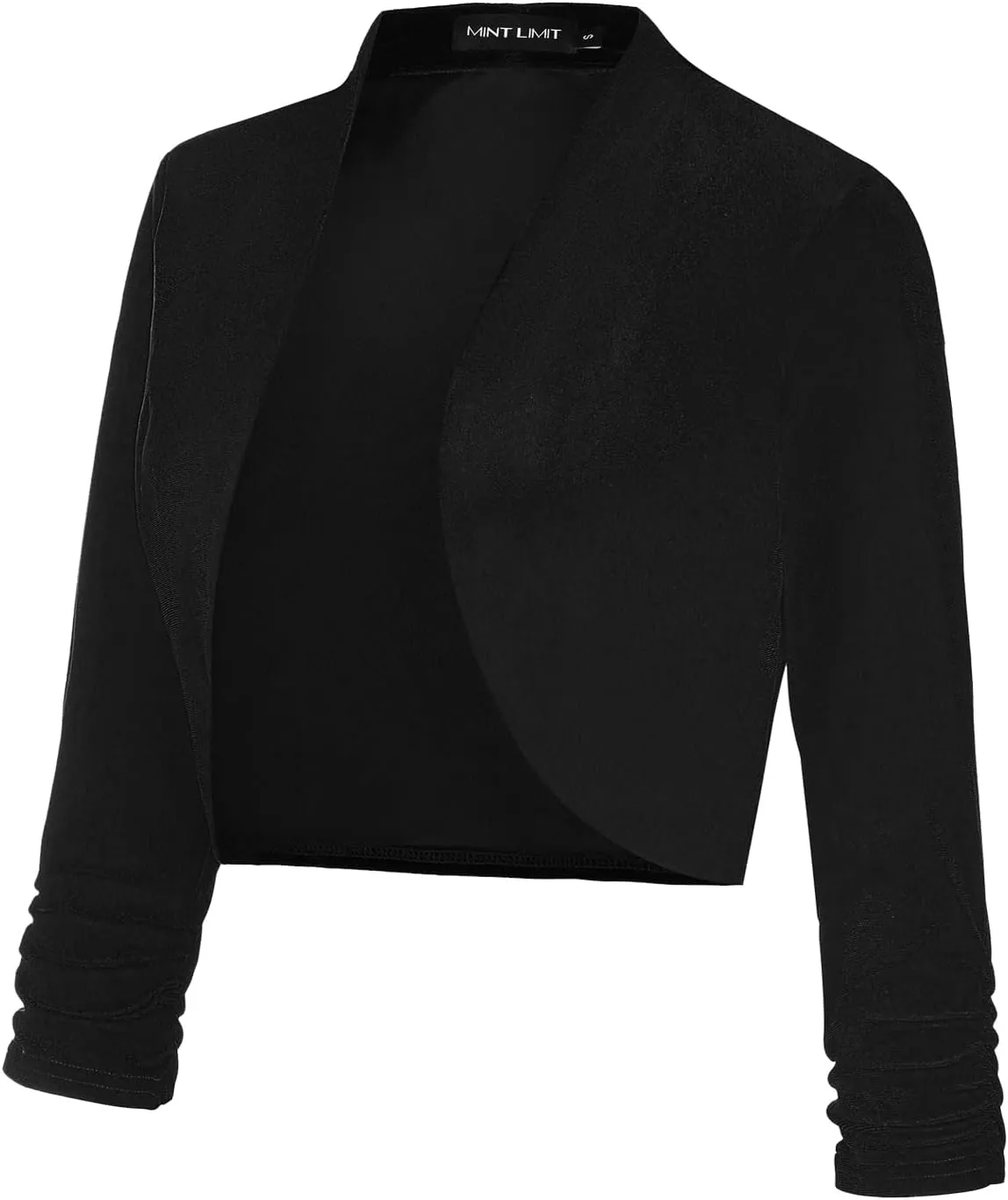 MINTLIMIT Women's Velvet Bolero Shrugs for Dresses Ruched 3/4 Sleeve Open Front Cocktail Party Cropped Cardigan