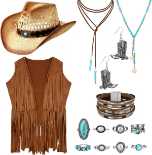 Newcotte 15 Pcs Cowgirl Outfits for Women Western Cowgirl Jewelry Set Cow Hat Bohemian Turquoise Jewelry Set for Cosplay