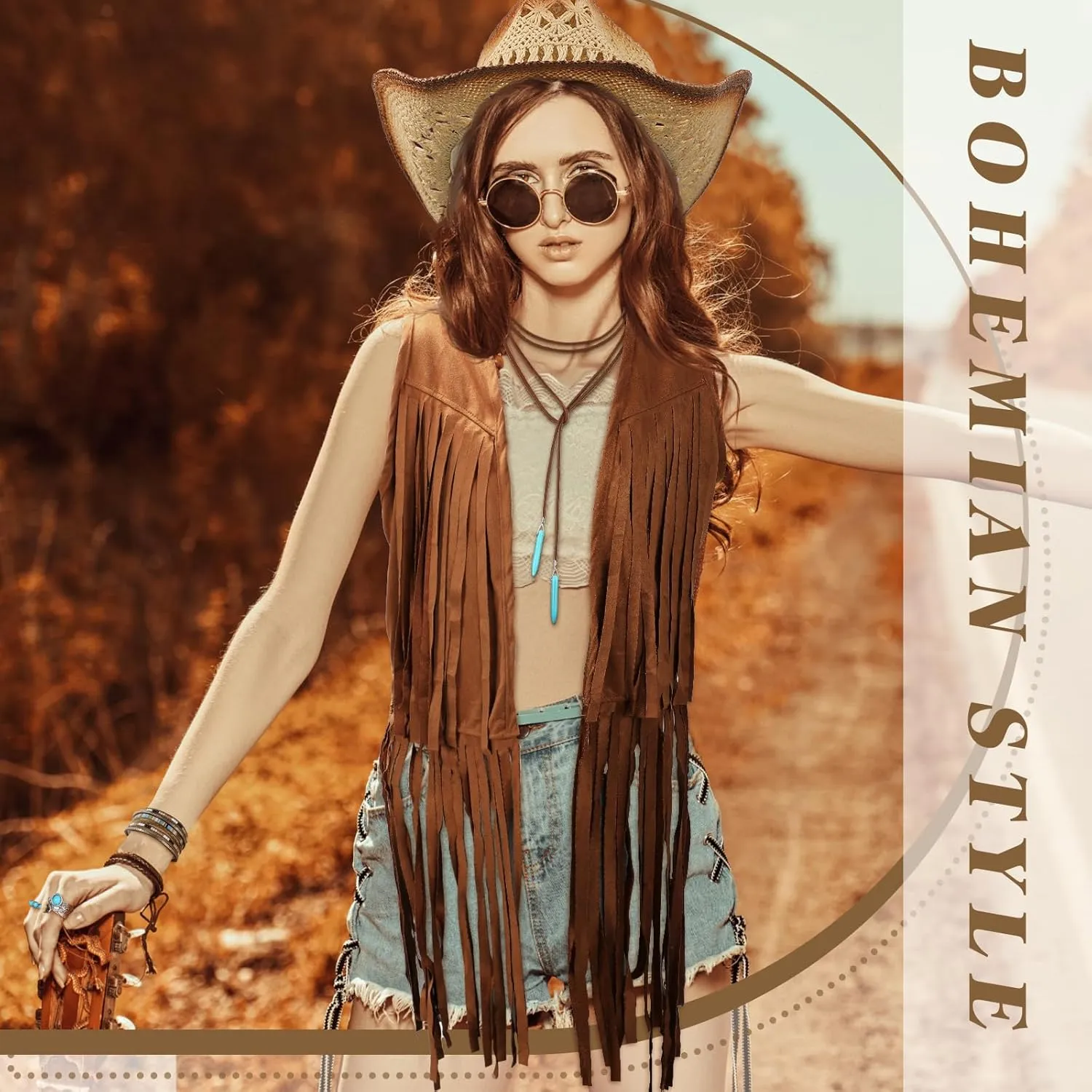 Newcotte 15 Pcs Cowgirl Outfits for Women Western Cowgirl Jewelry Set Cow Hat Bohemian Turquoise Jewelry Set for Cosplay