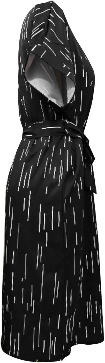 Office Dress for Women Summer with Tie Waist V Neck Short Sleeve T Shirt Dress Loose Fit Basic Flowy Breathable Sundress