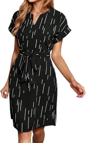 Office Dress for Women Summer with Tie Waist V Neck Short Sleeve T Shirt Dress Loose Fit Basic Flowy Breathable Sundress