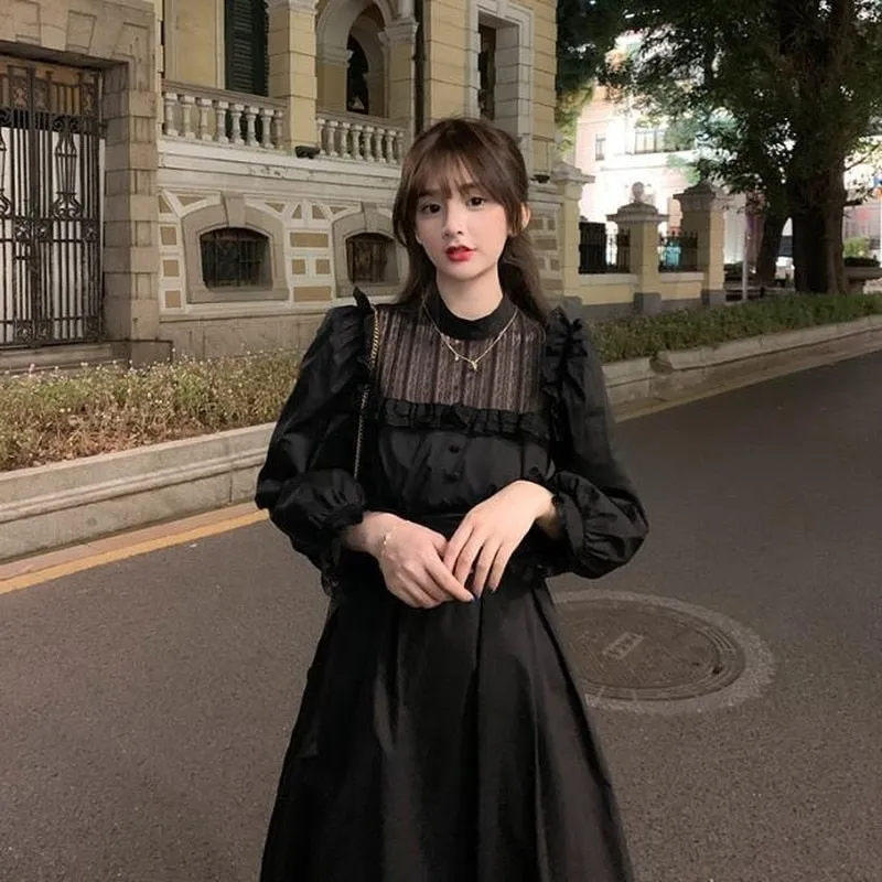 Purpdrank - Gothic Black Lace Dress Women Casual Elegant Party Midi Ruffle Long Sleeve Dress Emo Y2k Goth Clothes Spring Robes