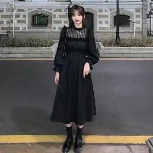 Purpdrank - Gothic Black Lace Dress Women Casual Elegant Party Midi Ruffle Long Sleeve Dress Emo Y2k Goth Clothes Spring Robes