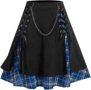 ROSE GAL Women's Plus Size Mini A-Line Gothic Skirt Casual Plain Chain Detail High Waisted Short Stitching Plaid Pleated