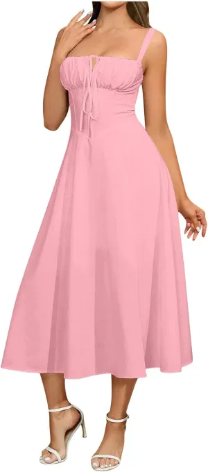 Ruziyoog Women Casual Sleeveless Dress Low Cut Spaghetti Straps Square Neck Y2k Dress Lace Up Flowy Swing Bustier Sundress