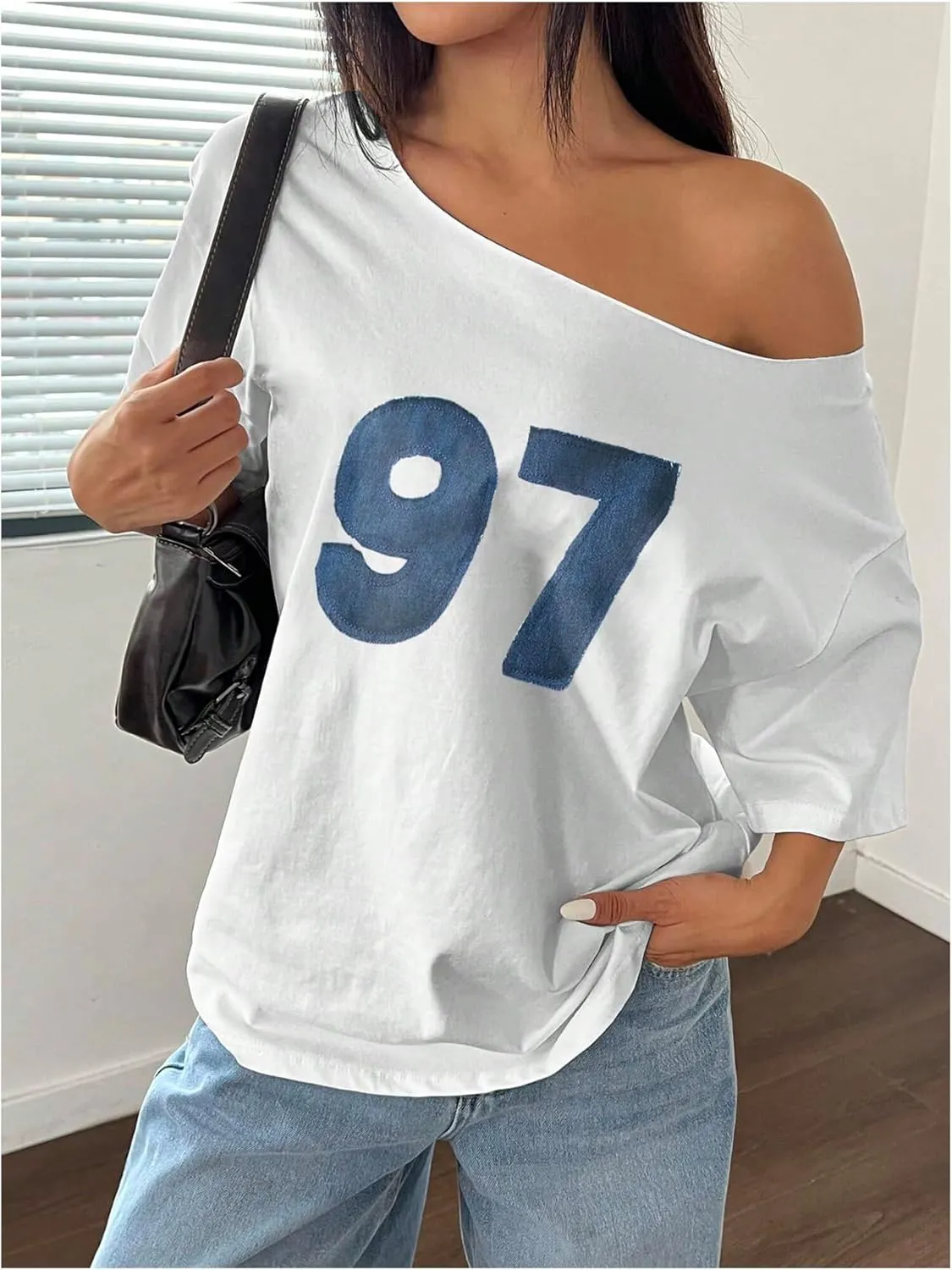 SOLY HUX Women's Jersey Shirts Oversized Grunge Graphic Tees Off The Shoulder Y2k Streetwear Short Sleeve Summer Tops