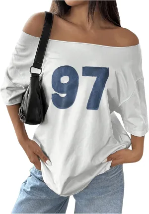 SOLY HUX Women's Jersey Shirts Oversized Grunge Graphic Tees Off The Shoulder Y2k Streetwear Short Sleeve Summer Tops