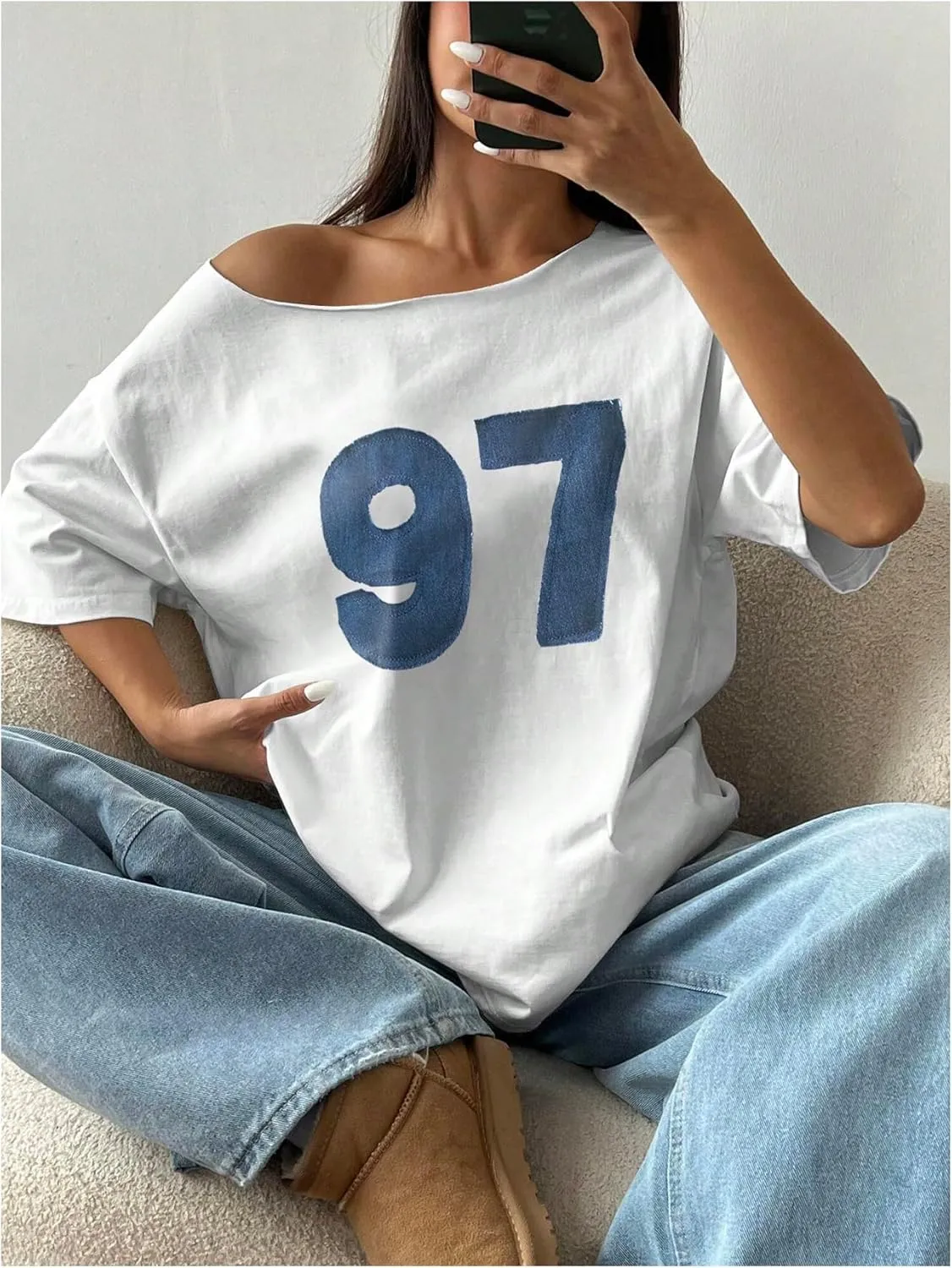 SOLY HUX Women's Jersey Shirts Oversized Grunge Graphic Tees Off The Shoulder Y2k Streetwear Short Sleeve Summer Tops