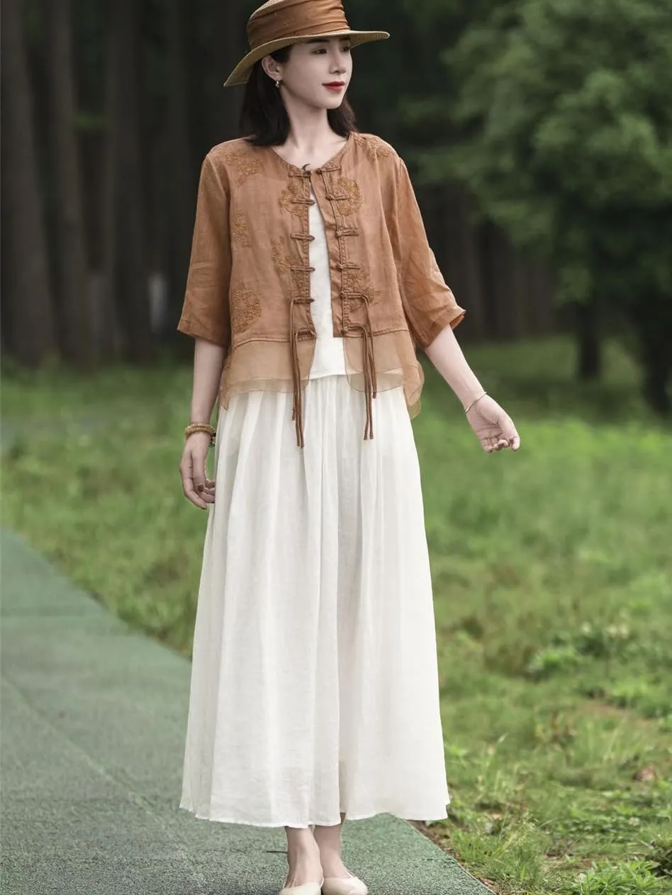 Summer Chinese Embroidery Cardigan Tassel Women's Shirt