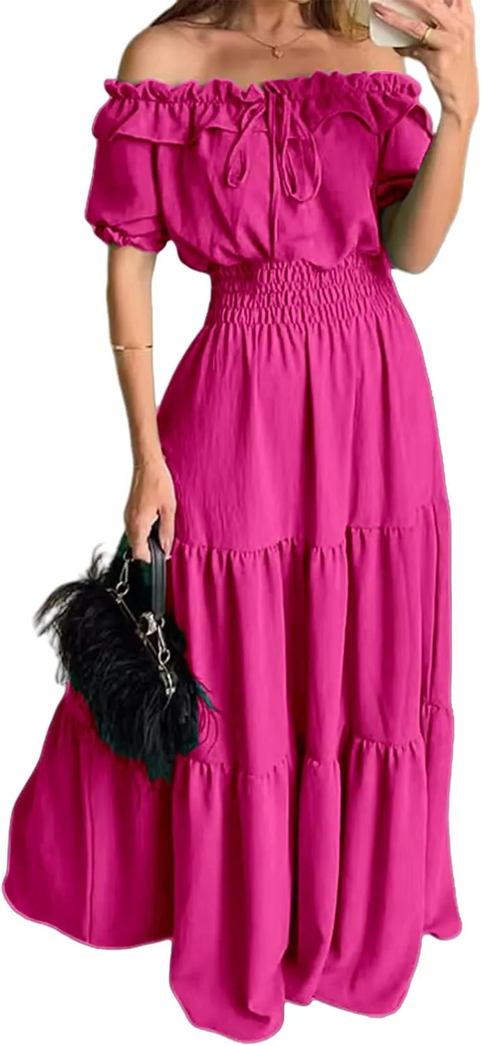 Summer Maxi Dresses for Women 2025 Off Shoulder Ruffle Dress Formal Office Dresses Smocked Waist Puff Sleeve Casual