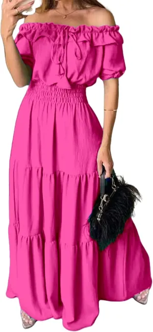 Summer Maxi Dresses for Women 2025 Off Shoulder Ruffle Dress Formal Office Dresses Smocked Waist Puff Sleeve Casual