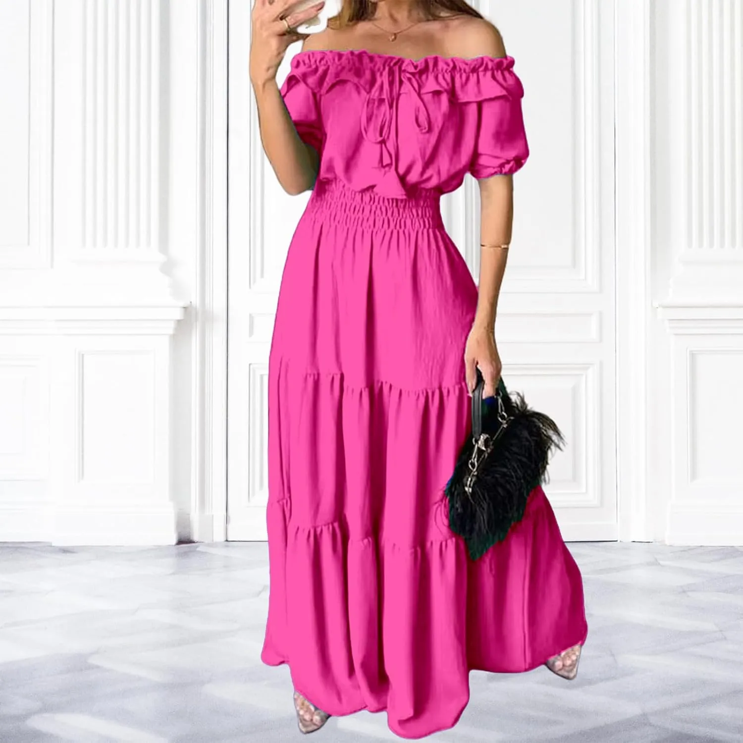Summer Maxi Dresses for Women 2025 Off Shoulder Ruffle Dress Formal Office Dresses Smocked Waist Puff Sleeve Casual