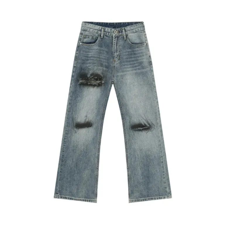 Summer Men's Jeans Hole Graffiti Contrast Color Menwear Straight Wide Leg Casual Male Denim Pants High Street 9C6510