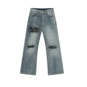 Summer Men's Jeans Hole Graffiti Contrast Color Menwear Straight Wide Leg Casual Male Denim Pants High Street 9C6510