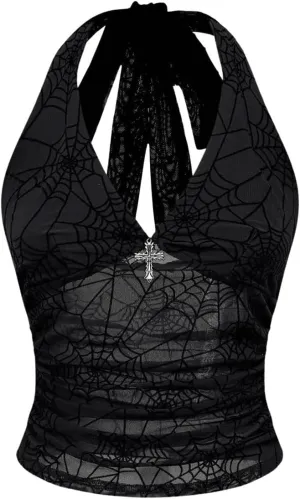 Verdusa Women's Gothic Sexy Halter Top Deep V Mesh Sheer Backless Fitted Crop Going Out Tops