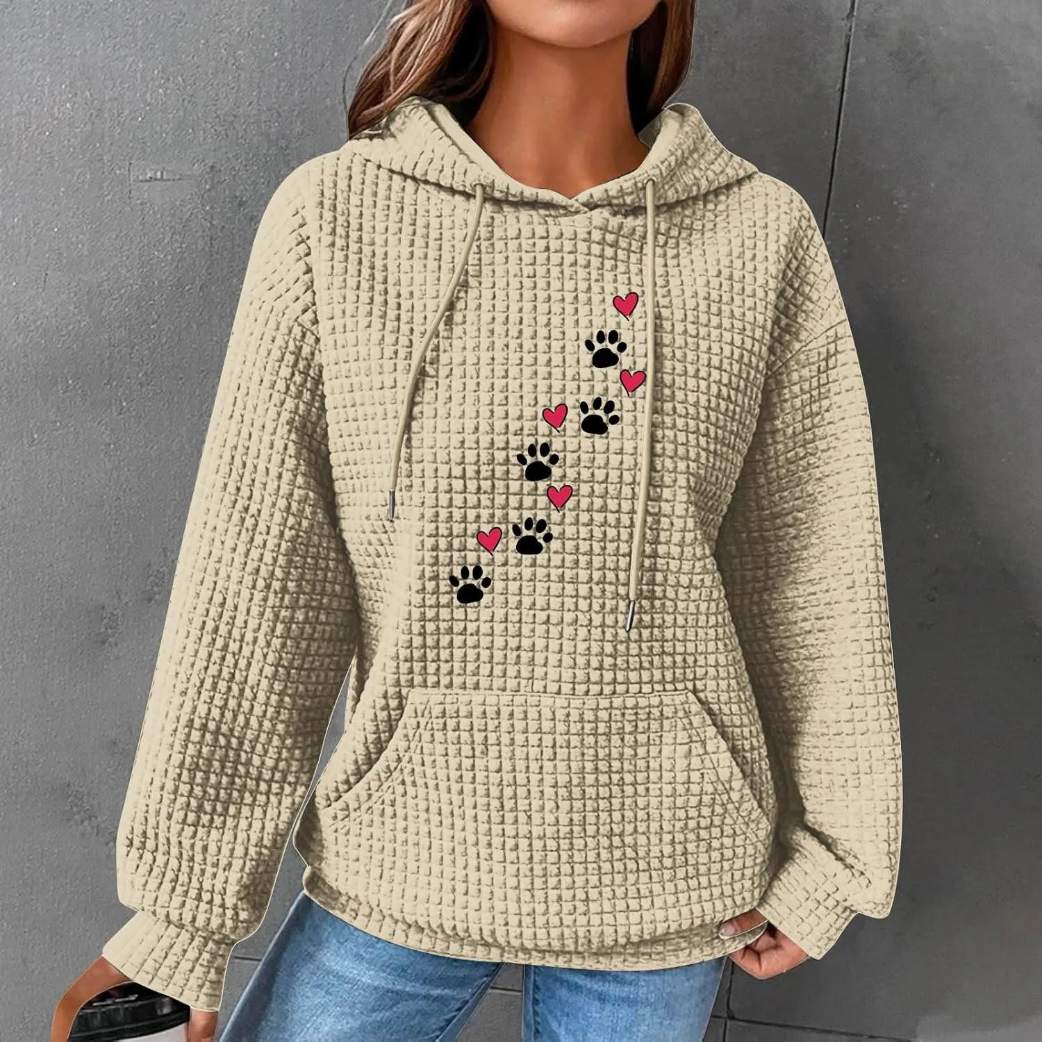 Waffle Hoodies for Women Cute Dog Paw Heart Print Hooded Sweatshirts Dog Lover Winter Casual Pocket Drawstring Pullover Tops