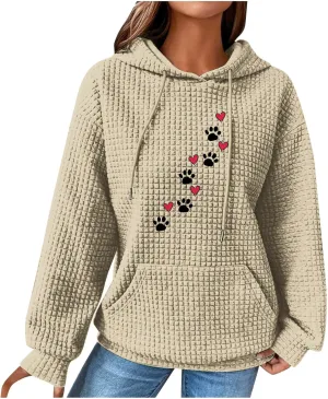 Waffle Hoodies for Women Cute Dog Paw Heart Print Hooded Sweatshirts Dog Lover Winter Casual Pocket Drawstring Pullover Tops