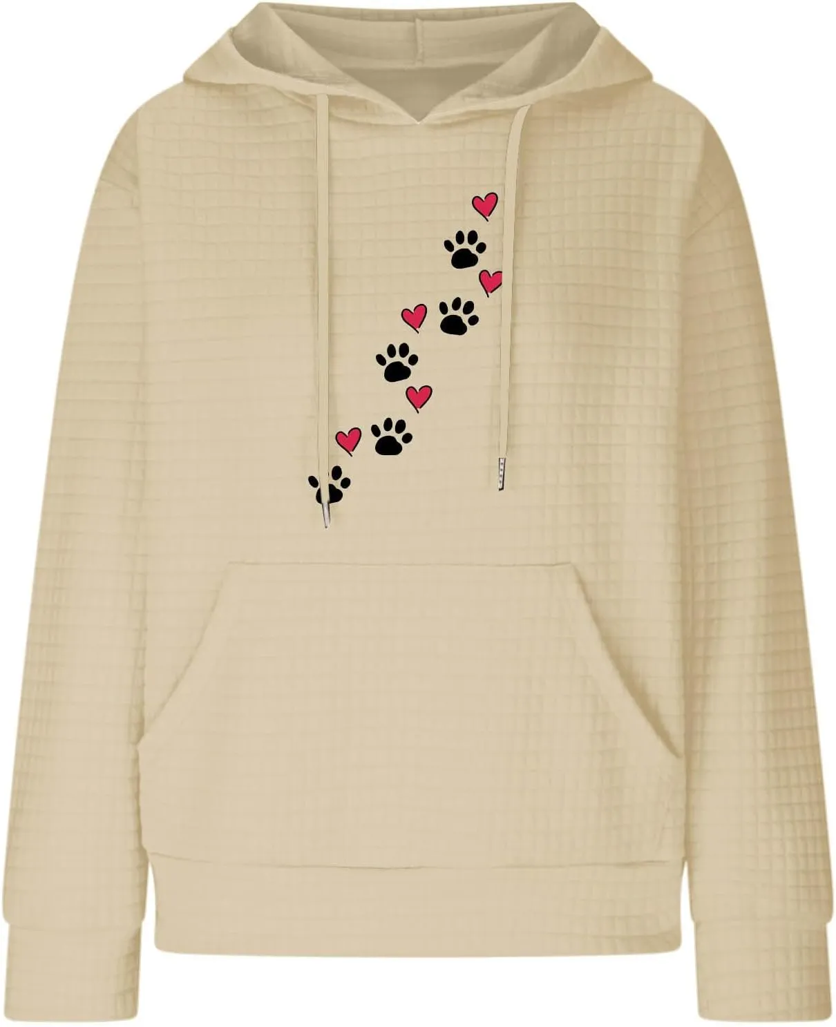 Waffle Hoodies for Women Cute Dog Paw Heart Print Hooded Sweatshirts Dog Lover Winter Casual Pocket Drawstring Pullover Tops