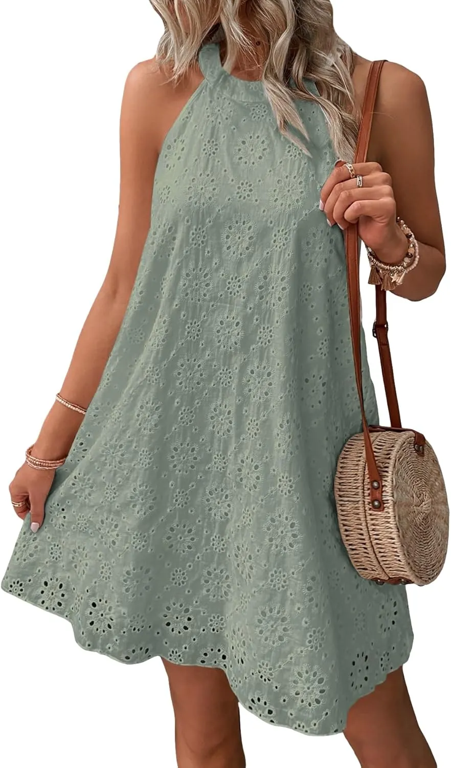 WDIRARA Women's Eyelet Embroidery Sleeveless Keyhole Back Halter Neck Summer Aline Dress