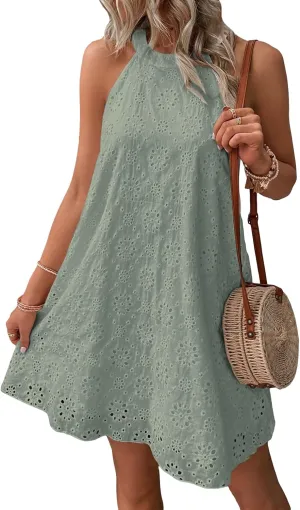 WDIRARA Women's Eyelet Embroidery Sleeveless Keyhole Back Halter Neck Summer Aline Dress