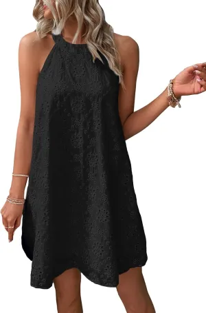 WDIRARA Women's Eyelet Embroidery Sleeveless Keyhole Back Halter Neck Summer Aline Dress