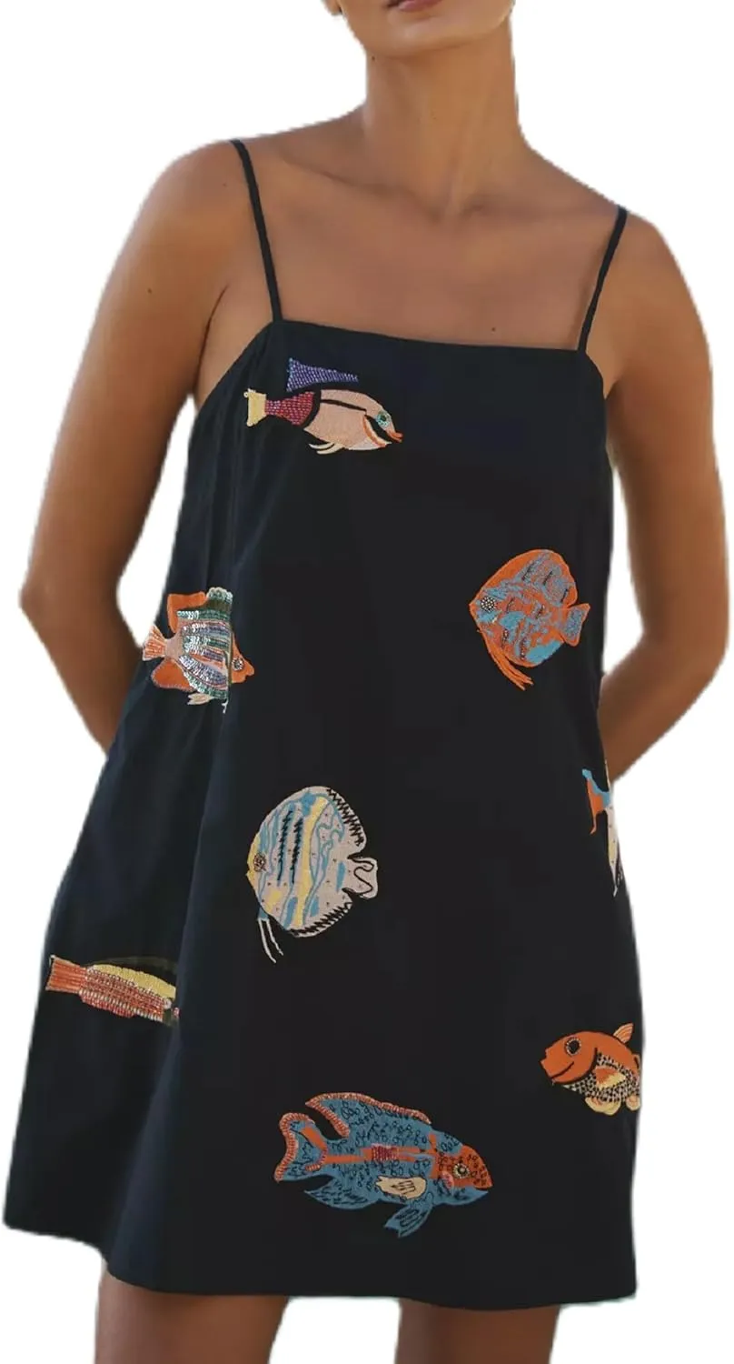 Women Boho Floral Short Dress Graffiti Backless Babydoll Dress Flowy Mini Cami Dresses Summer Holiday Sundress