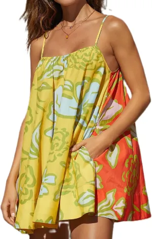 Women Boho Floral Short Dress Graffiti Backless Babydoll Dress Flowy Mini Cami Dresses Summer Holiday Sundress