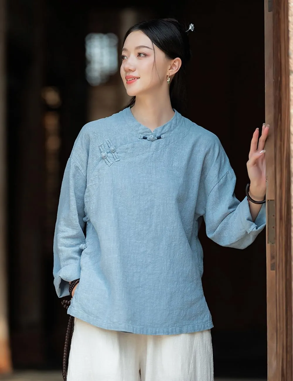 Women Chinese Cheongsam Shirt 3/4 Long Sleeve Fall Blouse Traditional Mandarin Collar Cotton Linen Tops