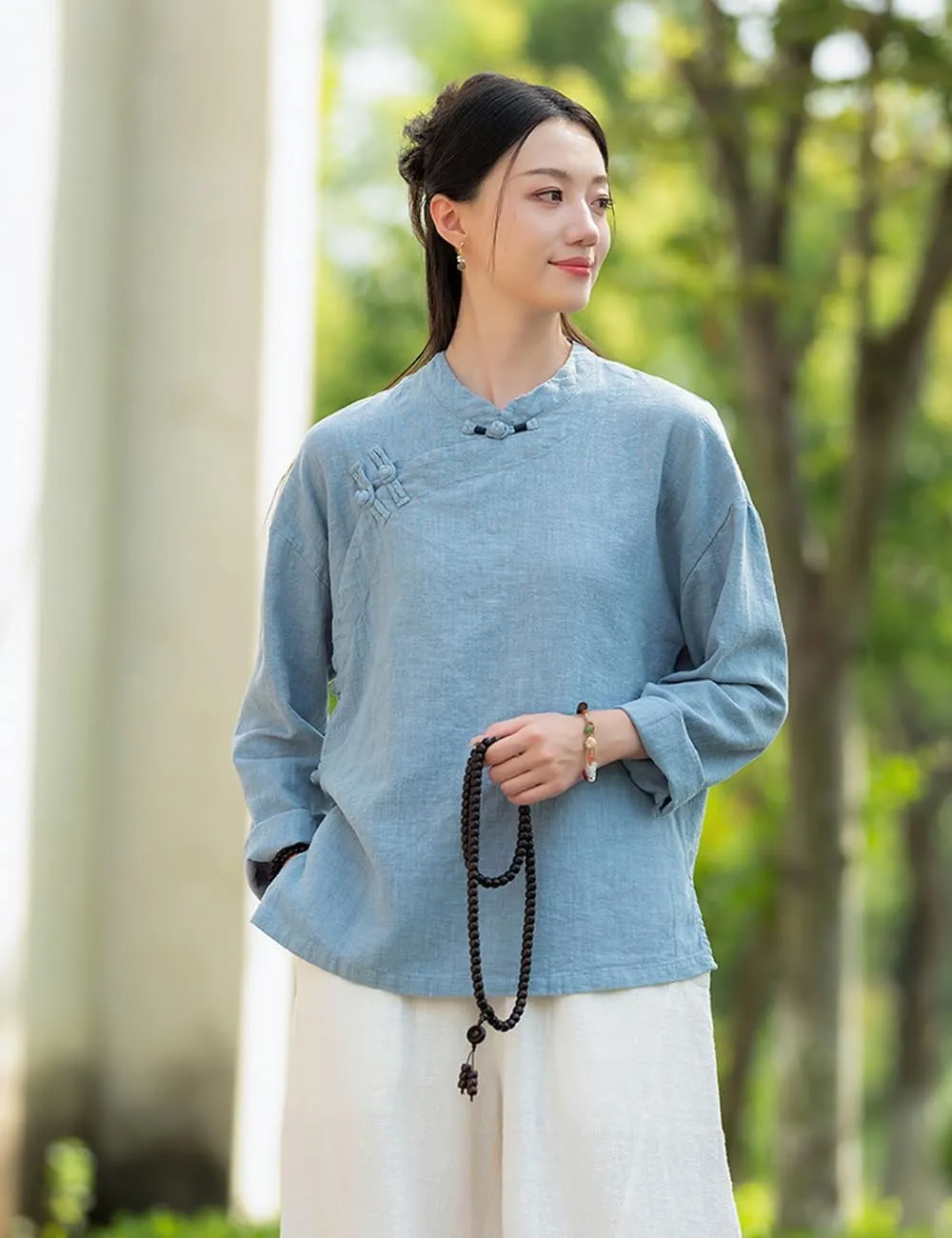 Women Chinese Cheongsam Shirt 3/4 Long Sleeve Fall Blouse Traditional Mandarin Collar Cotton Linen Tops