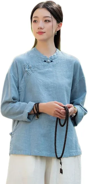 Women Chinese Cheongsam Shirt 3/4 Long Sleeve Fall Blouse Traditional Mandarin Collar Cotton Linen Tops
