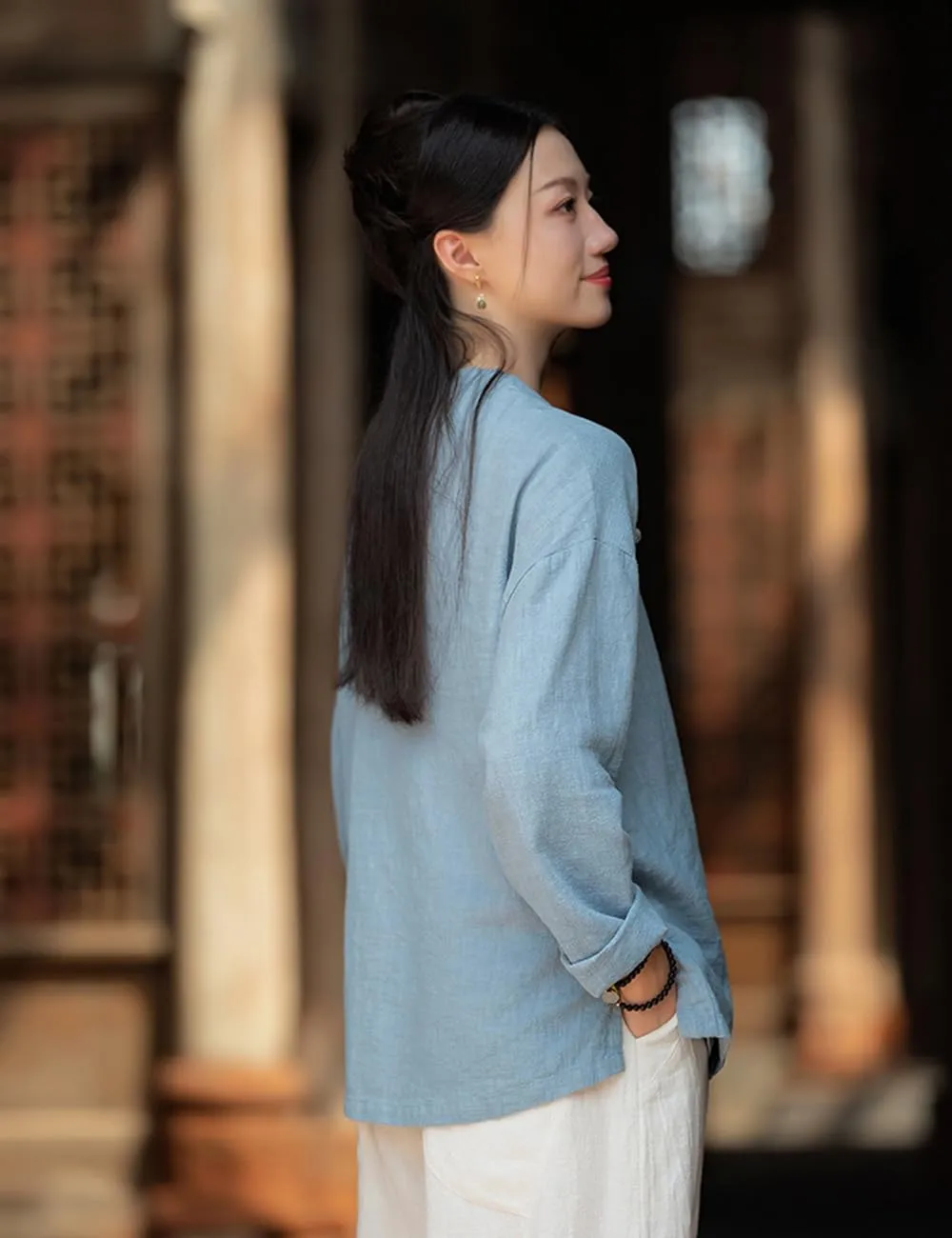 Women Chinese Cheongsam Shirt 3/4 Long Sleeve Fall Blouse Traditional Mandarin Collar Cotton Linen Tops