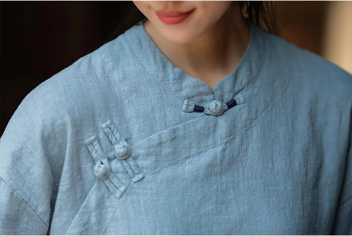 Women Chinese Cheongsam Shirt 3/4 Long Sleeve Fall Blouse Traditional Mandarin Collar Cotton Linen Tops
