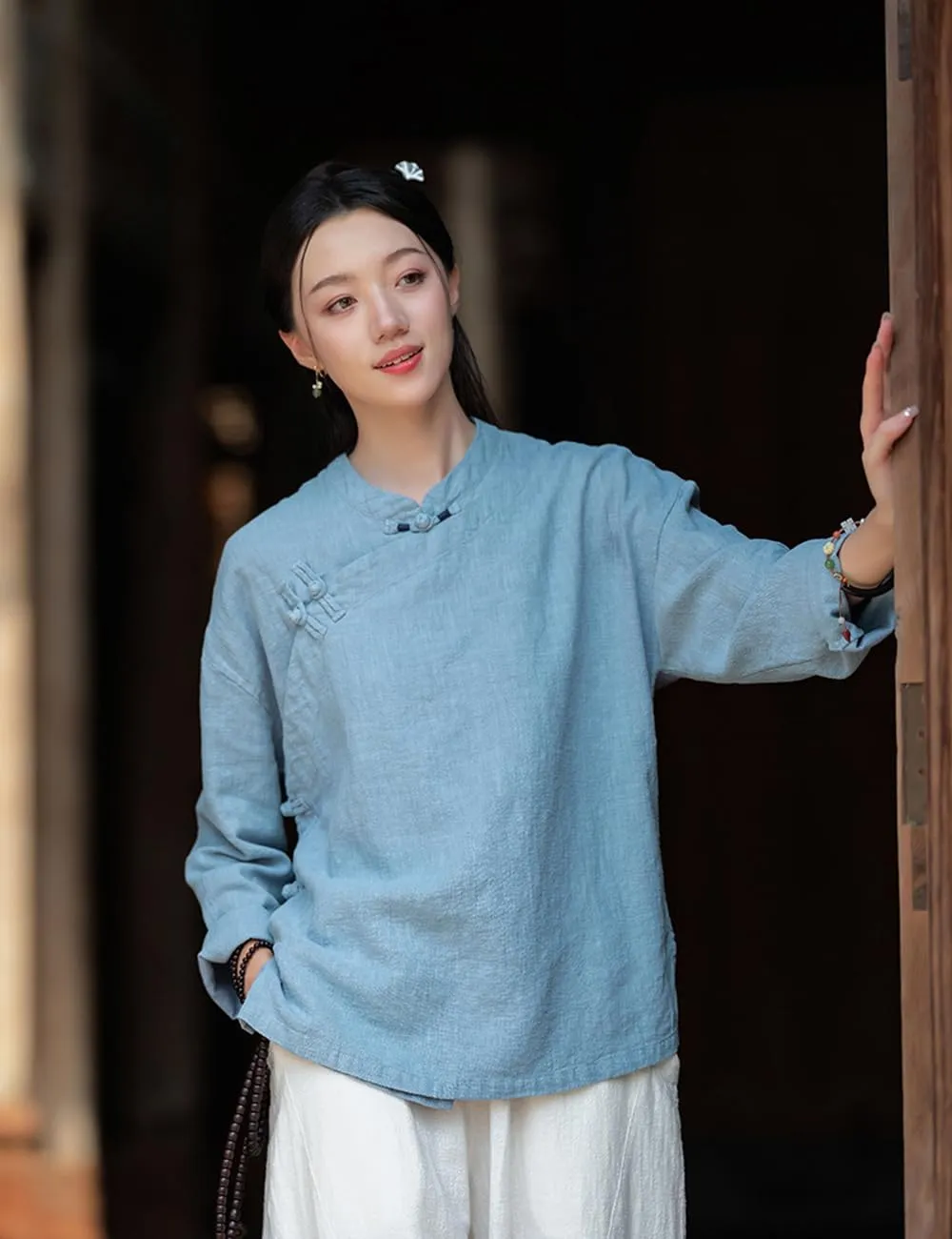 Women Chinese Cheongsam Shirt 3/4 Long Sleeve Fall Blouse Traditional Mandarin Collar Cotton Linen Tops