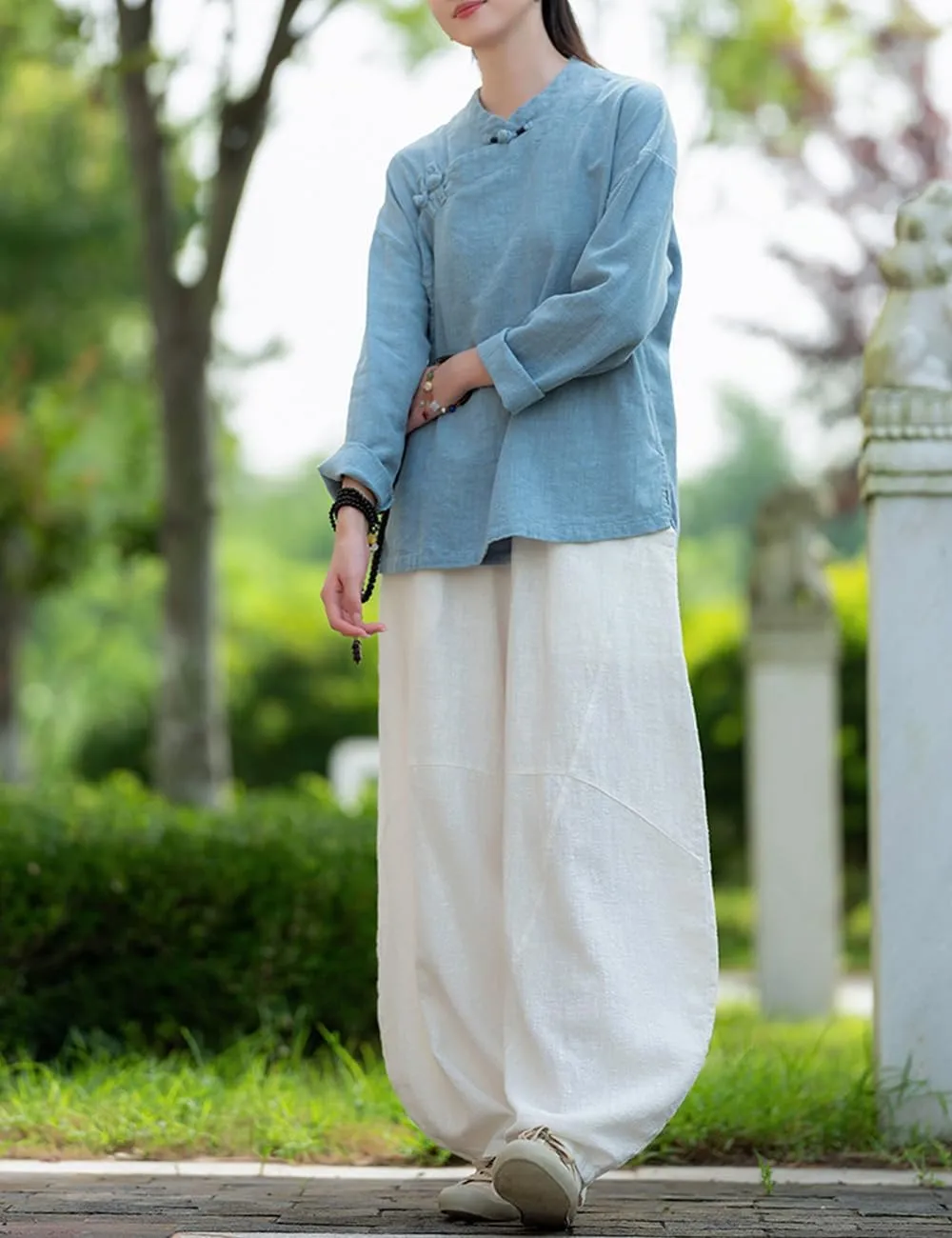 Women Chinese Cheongsam Shirt 3/4 Long Sleeve Fall Blouse Traditional Mandarin Collar Cotton Linen Tops