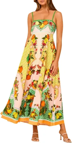 Women Cute Print Maxi Cami Dress Loose Sleeveless Spaghetti Strap Boho Dress Flowy Graffiti Long Aline Sun Dress