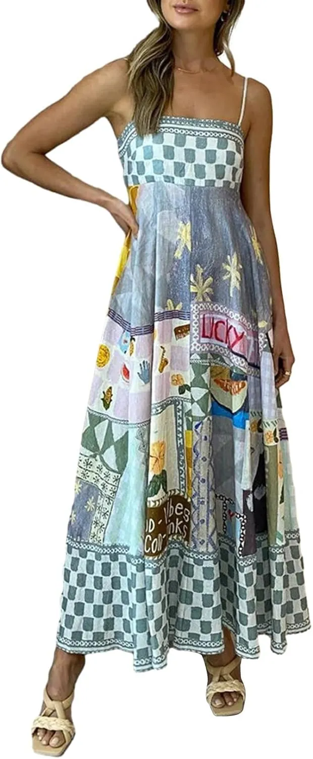 Women Cute Print Maxi Cami Dress Loose Sleeveless Spaghetti Strap Boho Dress Flowy Graffiti Long Aline Sun Dress